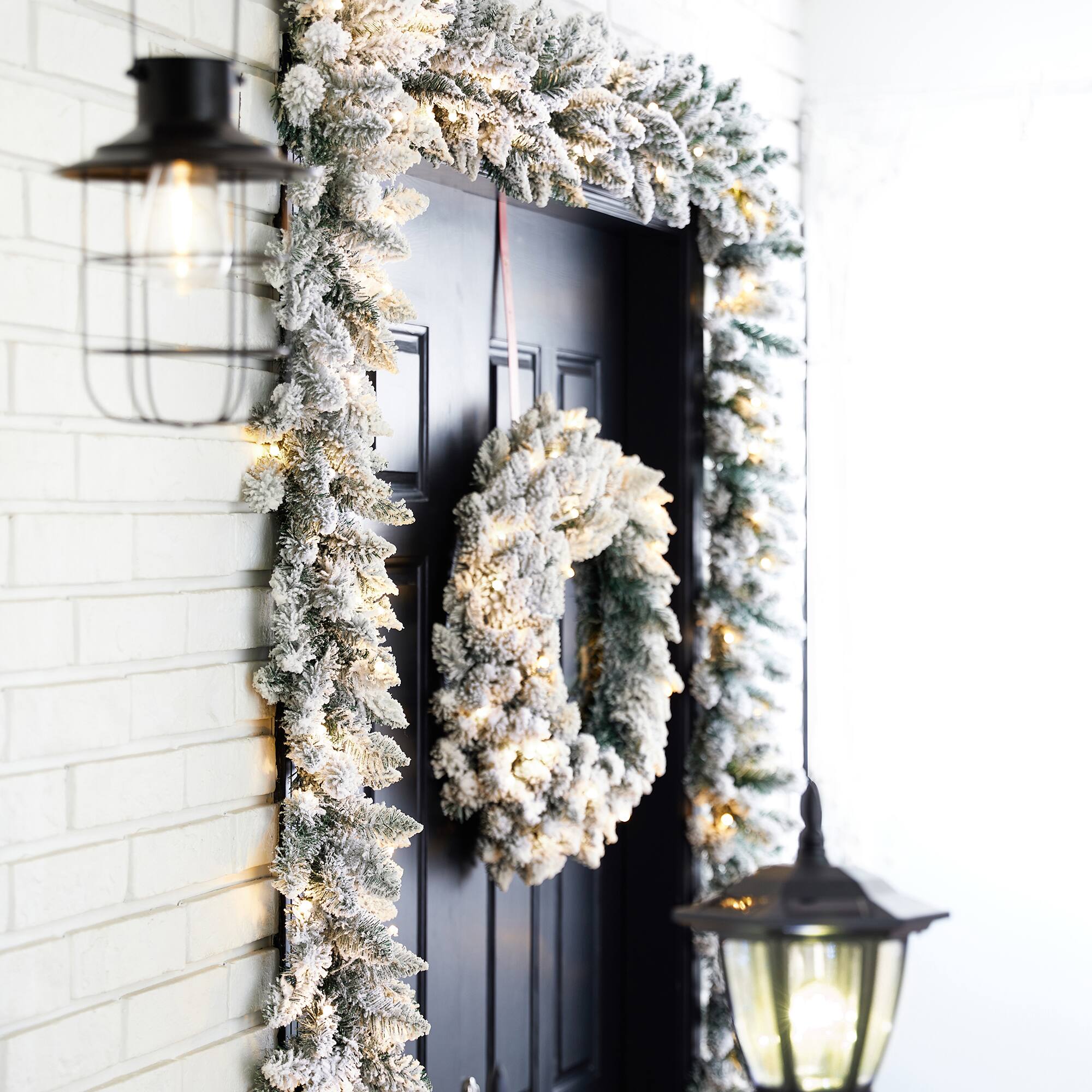 Glitzhome® Pre-Lit Flocked Christmas Wreath & Garland Set with Timer, 3 Functions